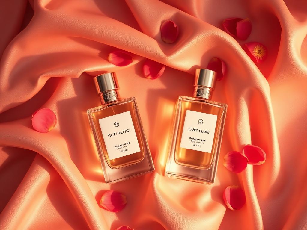 Two Dhory Parfum bottles resting on rose silk with petals
